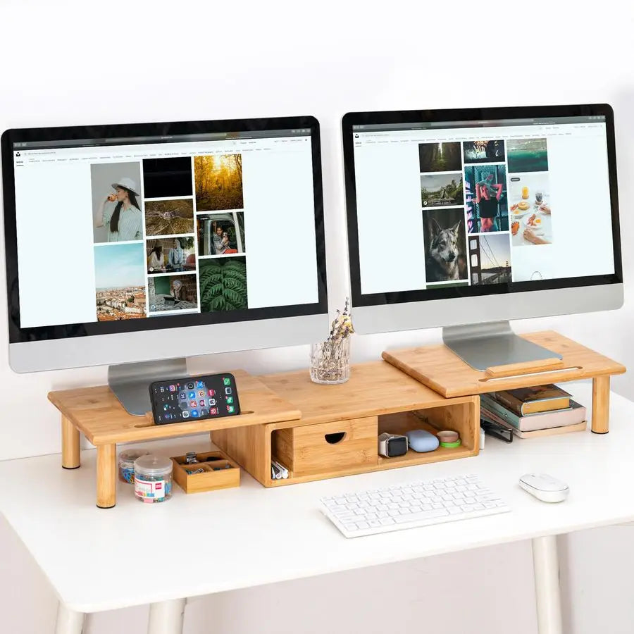 Adjustable Bamboo Dual Monitor Riser